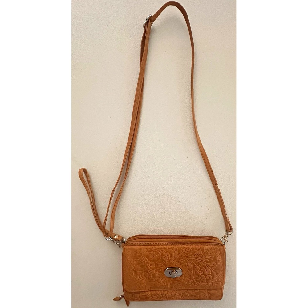 Bueno Brown Small Embossed Floral Crossbody Bag Zip Detachable Strap Pockets